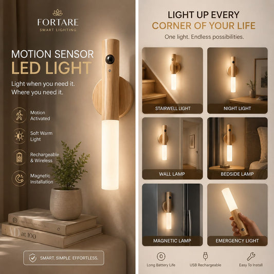 LED Wood Motion Sensor Night Light - USB Rechargeable Magnetic Wall Lamp