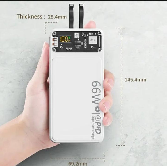 66W Fast Charging 20,000mAh Power Bank with Built-in Type-C & Lightning Cables | PD Fast Charge Digital Display (White)
