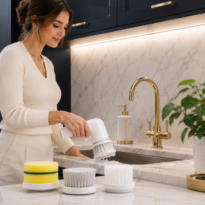 Electric Cleaning Brush with 5 Interchangeable Heads – 360° Rotating Cordless Power Scrubber for Kitchen & Bathroom Cleaning