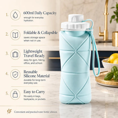 600ml Silicone Foldable Water Bottle – Portable Collapsible Travel Bottle