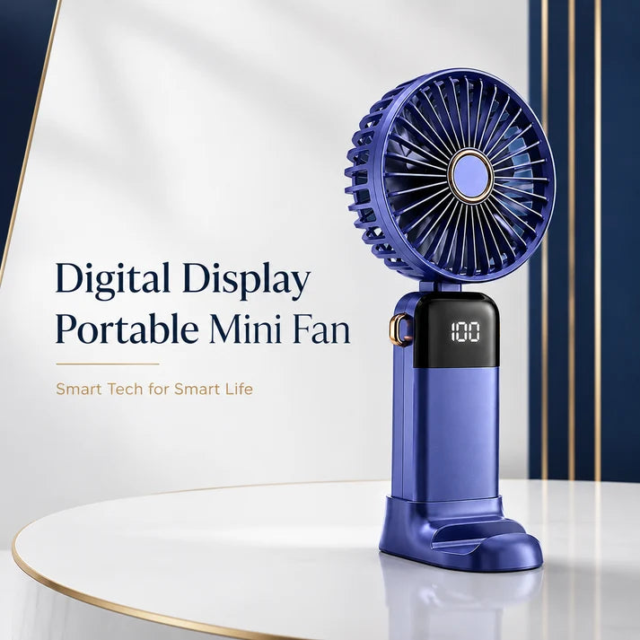 Digital Display 5-in-1 Portable Mini Fan – USB-C Rechargeable Handheld Fan with Adjustable Speeds