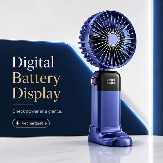 Digital Display 5-in-1 Portable Mini Fan – USB-C Rechargeable Handheld Fan with Adjustable Speeds