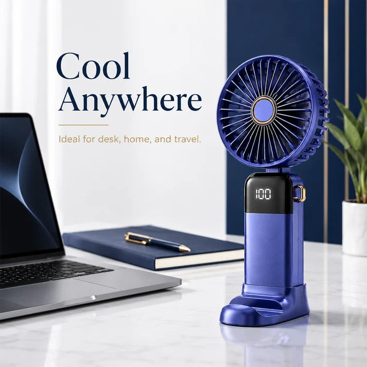 Digital Display 5-in-1 Portable Mini Fan – USB-C Rechargeable Handheld Fan with Adjustable Speeds