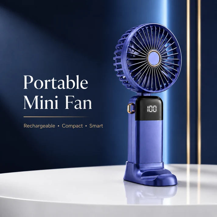 Digital Display 5-in-1 Portable Mini Fan – USB-C Rechargeable Handheld Fan with Adjustable Speeds
