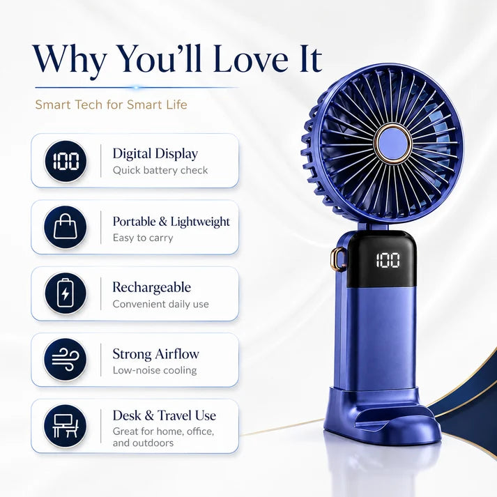 Digital Display 5-in-1 Portable Mini Fan – USB-C Rechargeable Handheld Fan with Adjustable Speeds