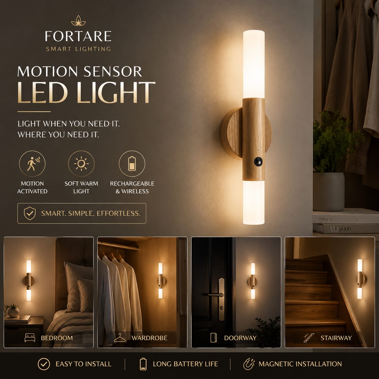 LED Wood Motion Sensor Night Light - USB Rechargeable Magnetic Wall Lamp
