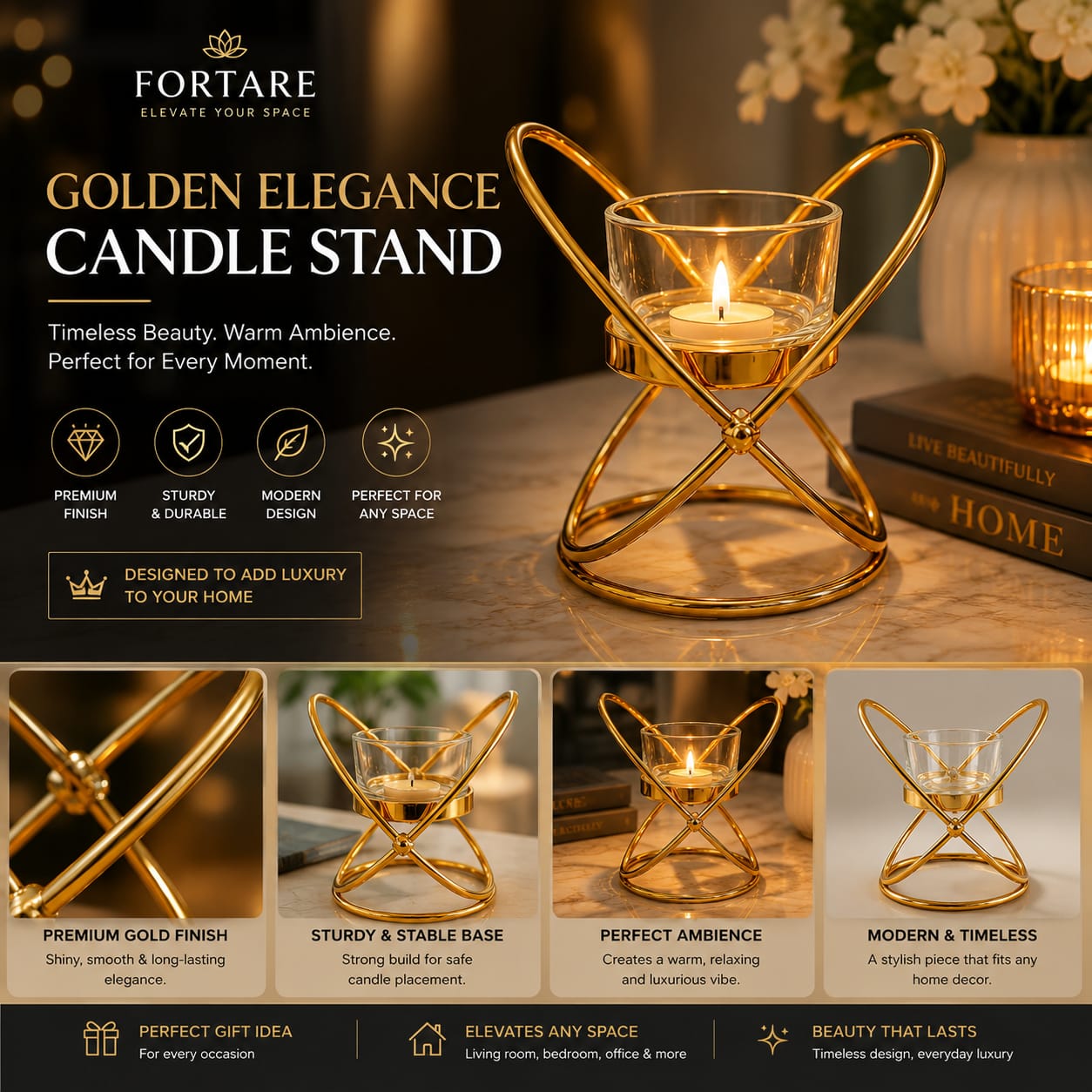 Elegant Black Metal Candle Holder – Decorative Table & Home Decor Stand (9 × 8 × 11 cm)