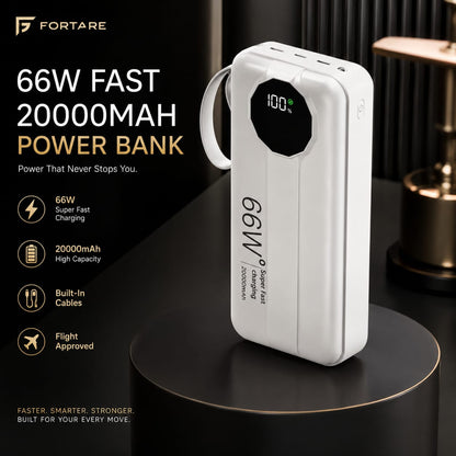 66W Fast Charging 20,000mAh Power Bank with Built-in Type-C & Lightning Cables | PD Fast Charge Digital Display (White)