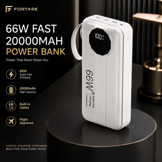 66W Fast Charging 20,000mAh Power Bank with Built-in Type-C & Lightning Cables | PD Fast Charge Digital Display (White)