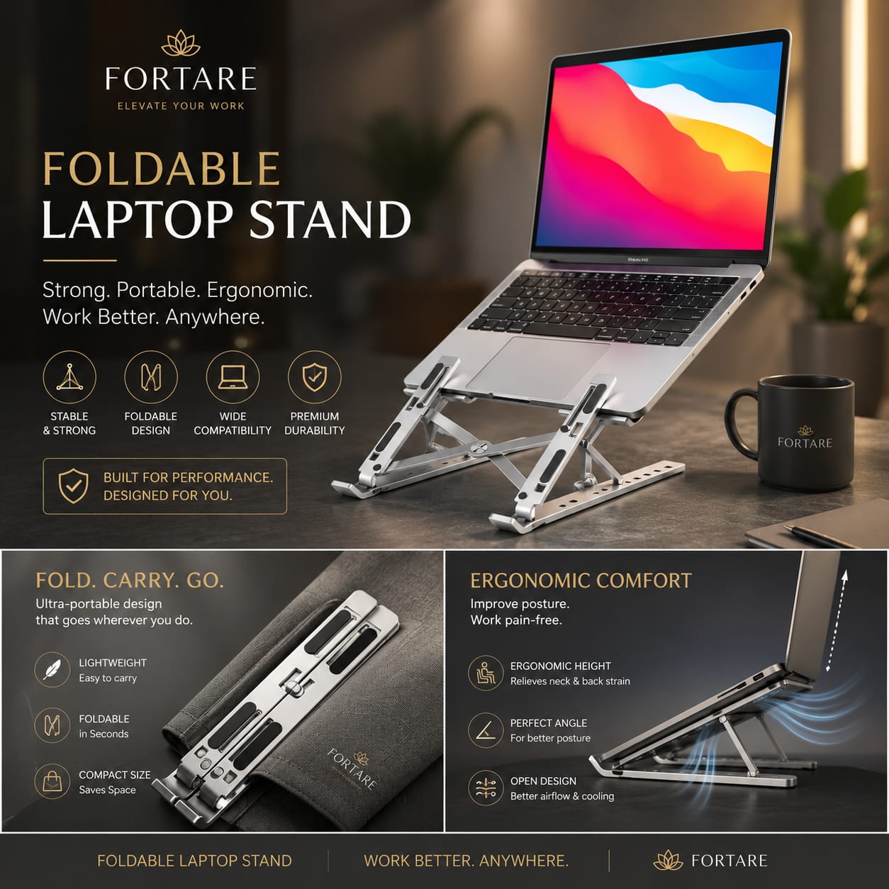 Speed-X Adjustable Aluminium Laptop Stand - Foldable Ergonomic Laptop Holder for Up to 16 Inch