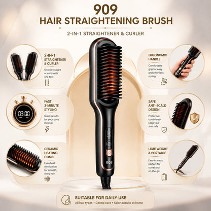 909 Hair Straightening Brush – 2-in-1 Electric Hair Straightener & Curler