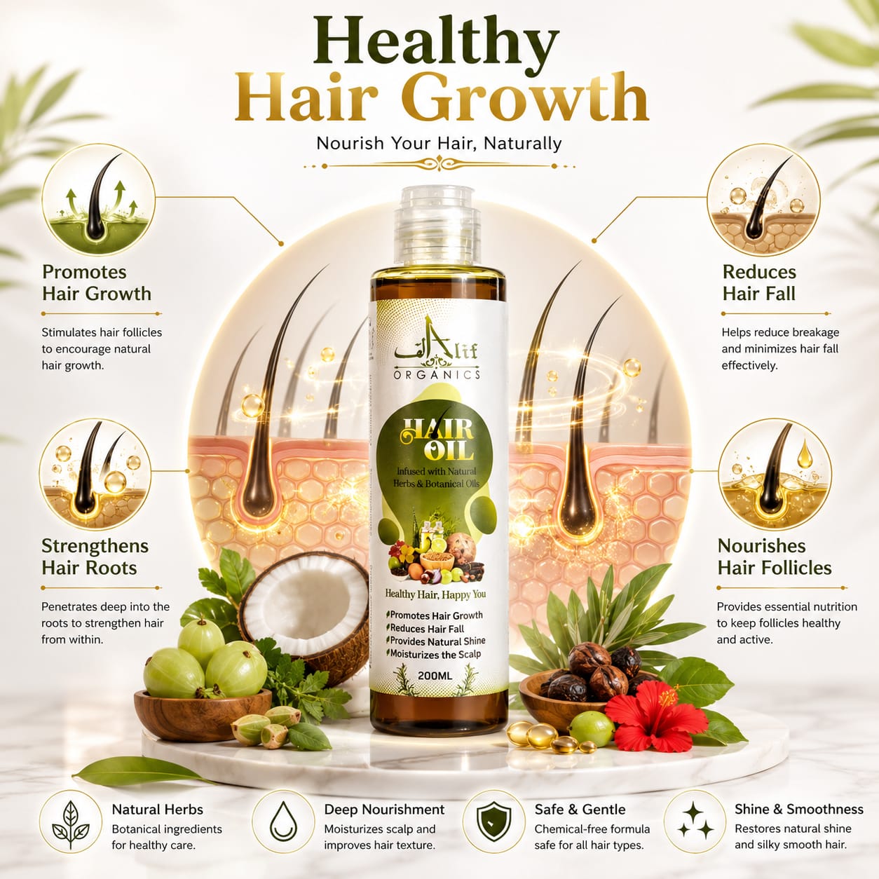 Alif Organics Natural Hair Oil – Herbal Hair Growth Oil 200ml
