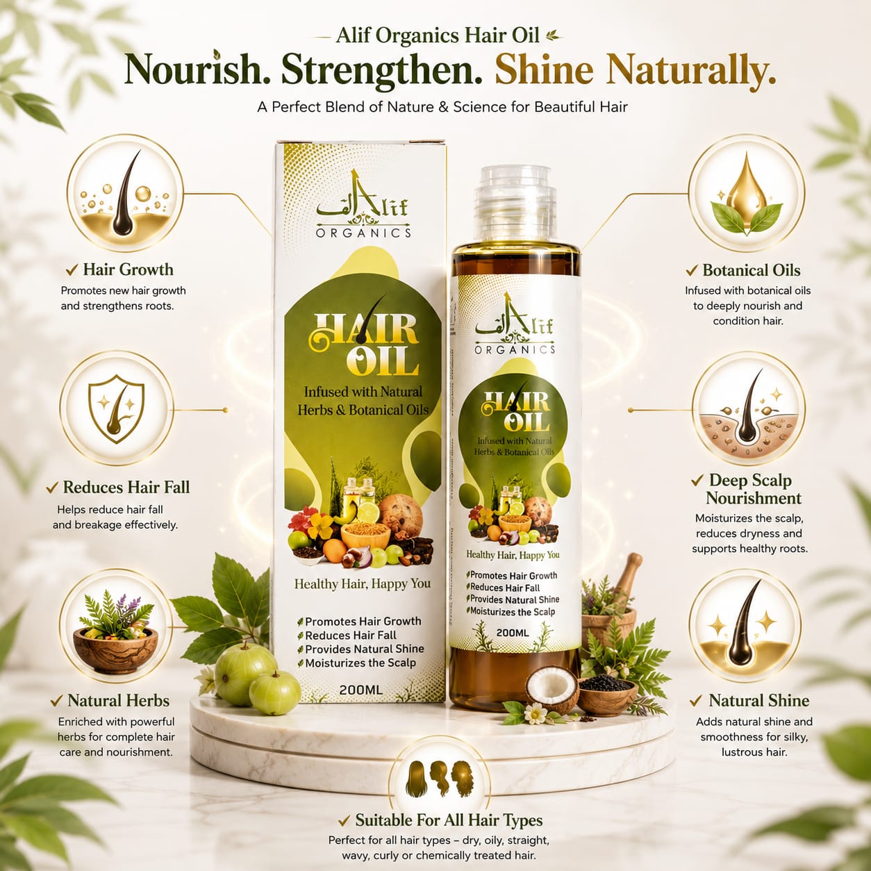 Alif Organics Natural Hair Oil – Herbal Hair Growth Oil 200ml