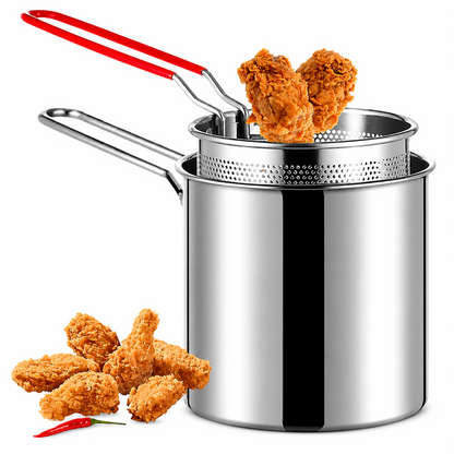 1200ml Stainless Steel Deep Fryer Pot with Oil Strainer Basket – 304 Stainless Steel Frying Pot for Home Kitchen