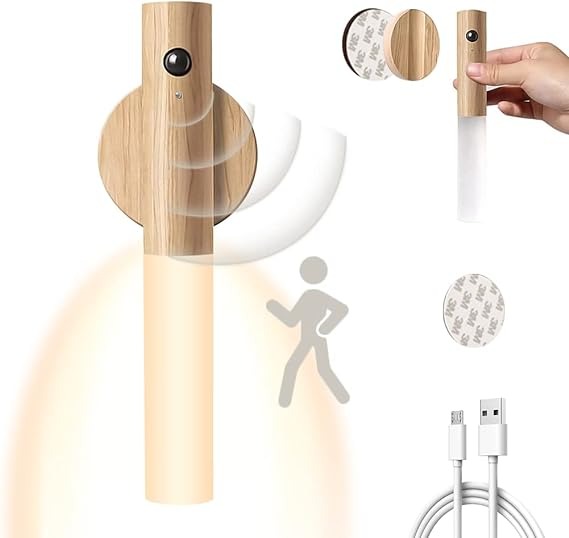 LED Wood Motion Sensor Night Light - USB Rechargeable Magnetic Wall Lamp