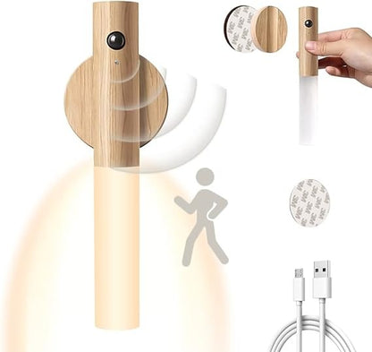 LED Wood Motion Sensor Night Light - USB Rechargeable Magnetic Wall Lamp