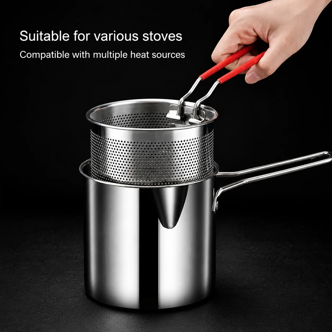 1200ml Stainless Steel Deep Fryer Pot with Oil Strainer Basket – 304 Stainless Steel Frying Pot for Home Kitchen
