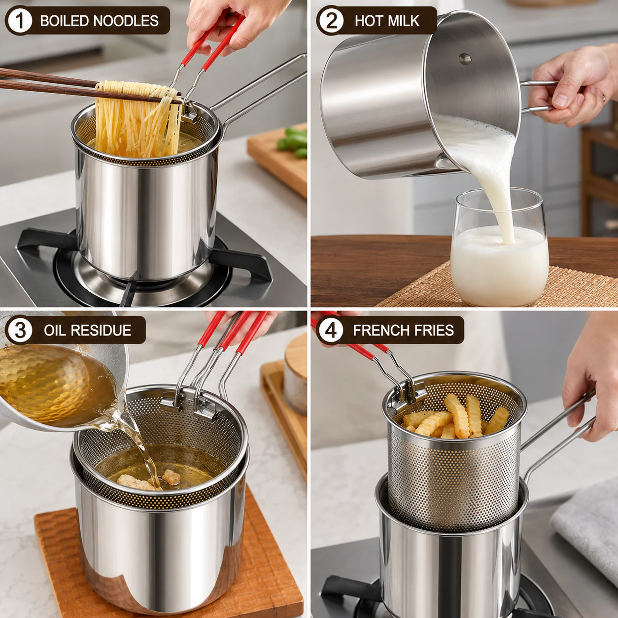 1200ml Stainless Steel Deep Fryer Pot with Oil Strainer Basket – 304 Stainless Steel Frying Pot for Home Kitchen