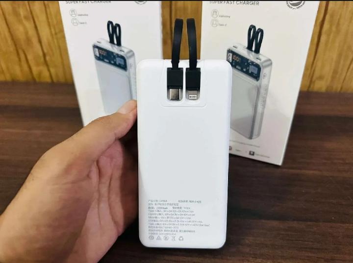 66W Fast Charging 20,000mAh Power Bank with Built-in Type-C & Lightning Cables | PD Fast Charge Digital Display (White)