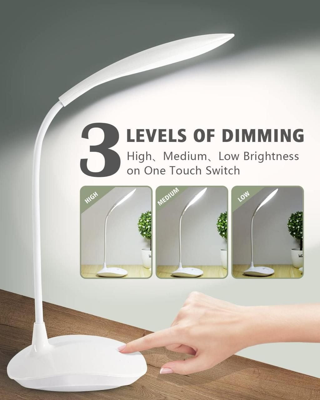Smart Touch LED Desk Lamp with 3-Level Dimming | Flexible Eye-Care Study & Reading Light