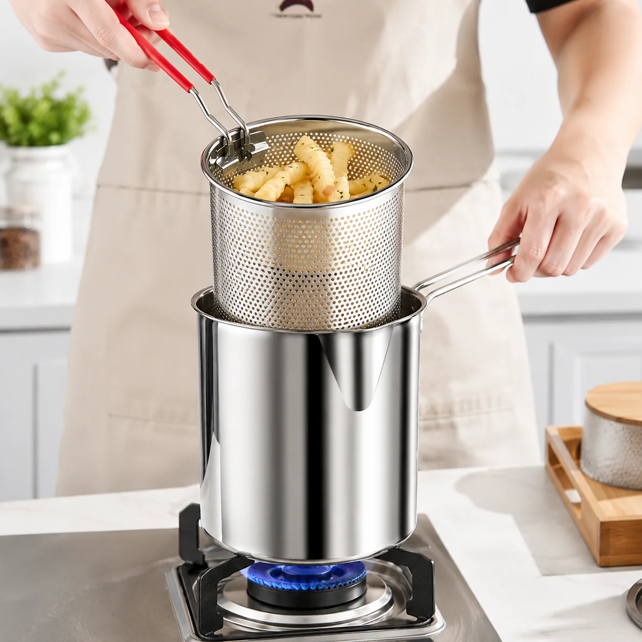 1200ml Stainless Steel Deep Fryer Pot with Oil Strainer Basket – 304 Stainless Steel Frying Pot for Home Kitchen