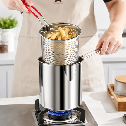 1200ml Stainless Steel Deep Fryer Pot with Oil Strainer Basket – 304 Stainless Steel Frying Pot for Home Kitchen