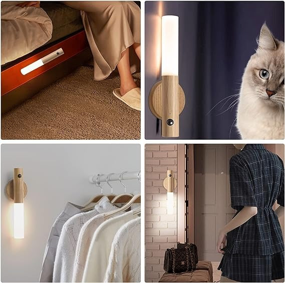 LED Wood Motion Sensor Night Light - USB Rechargeable Magnetic Wall Lamp