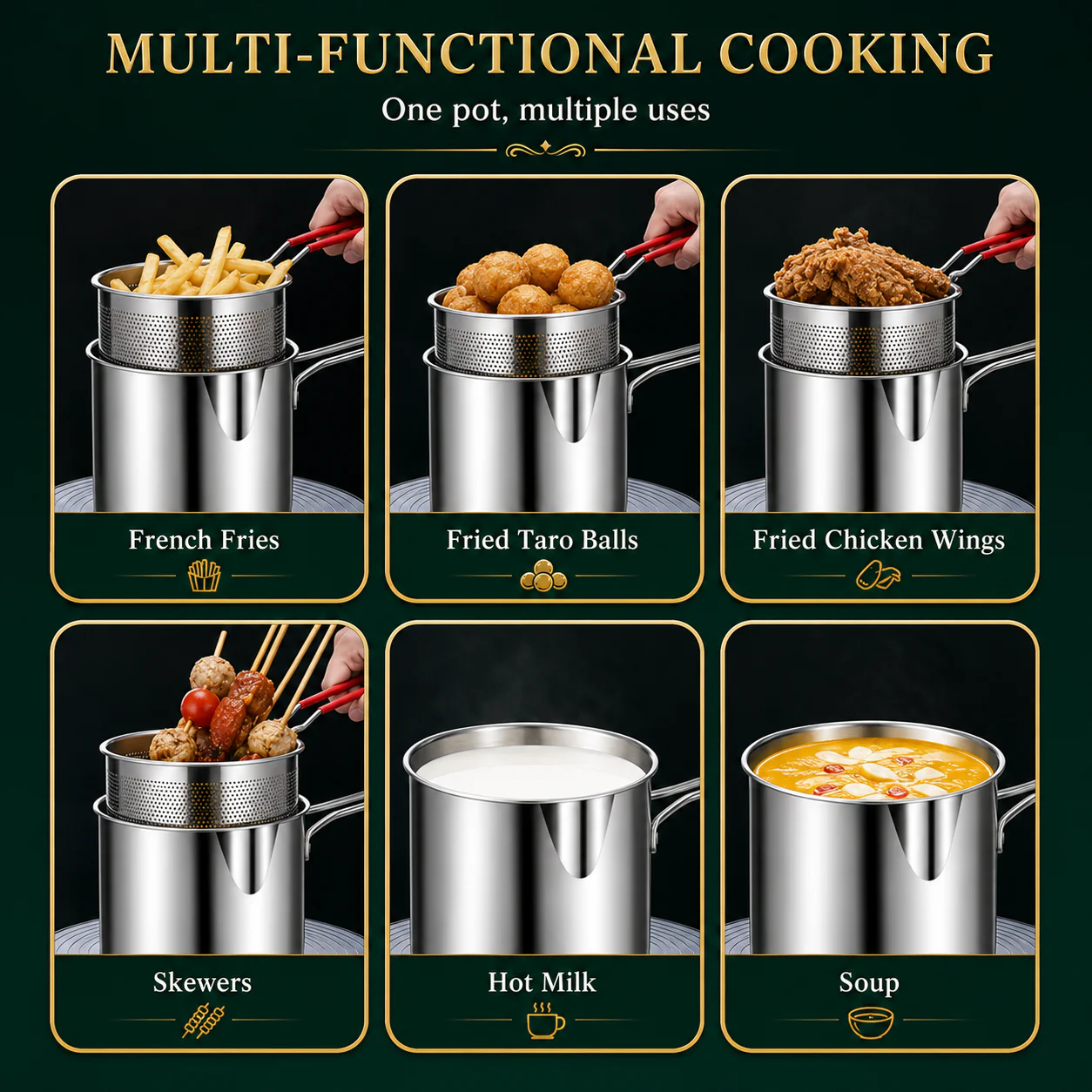 1200ml Stainless Steel Deep Fryer Pot with Oil Strainer Basket – 304 Stainless Steel Frying Pot for Home Kitchen