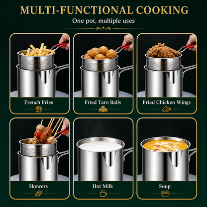 1200ml Stainless Steel Deep Fryer Pot with Oil Strainer Basket – 304 Stainless Steel Frying Pot for Home Kitchen