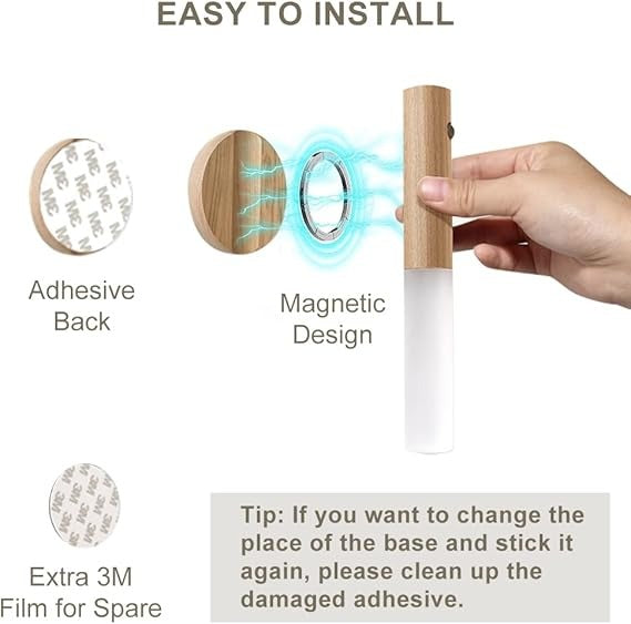 LED Wood Motion Sensor Night Light - USB Rechargeable Magnetic Wall Lamp