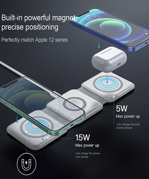 3-in-1 Magnetic Foldable Wireless Charging Station – 15W Fast Charger for iPhone, AirPods & Smartwatch