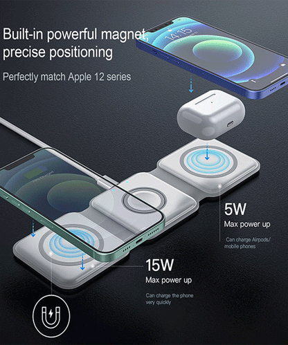3-in-1 Magnetic Foldable Wireless Charging Station – 15W Fast Charger for iPhone, AirPods & Smartwatch