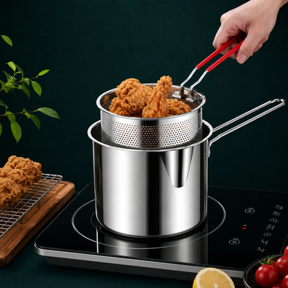 1200ml Stainless Steel Deep Fryer Pot with Oil Strainer Basket – 304 Stainless Steel Frying Pot for Home Kitchen