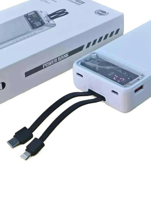 66W Fast Charging 20,000mAh Power Bank with Built-in Type-C & Lightning Cables | PD Fast Charge Digital Display (White)